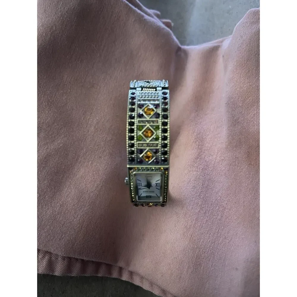 Heidi Daus Double Trouble Bangle Cuff Wrist Watch Swarovski Crystals Brass Tone